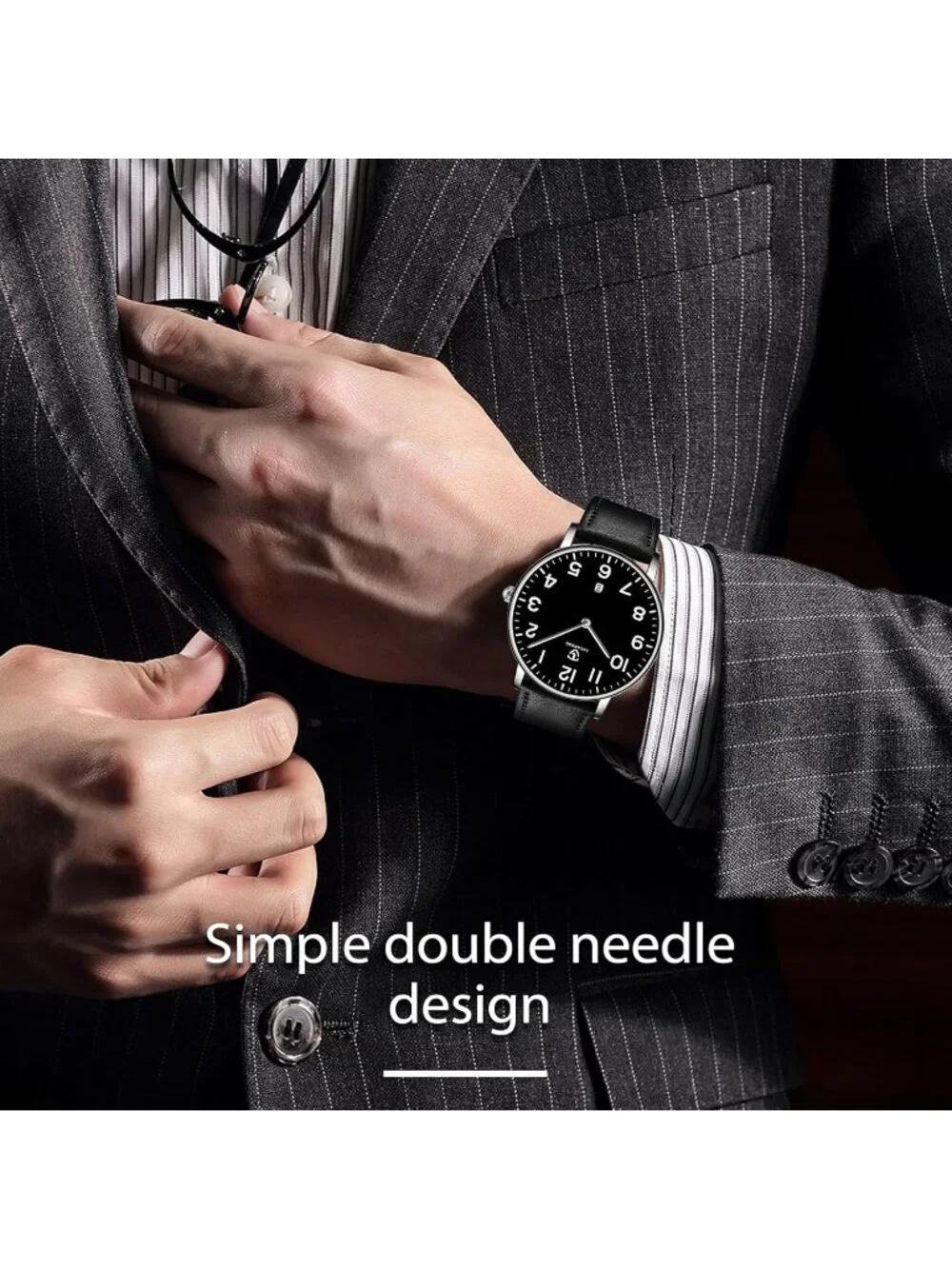 Men's Silver Black Leather Strap Analog Minimalist Fashion Simple Wrist Watch